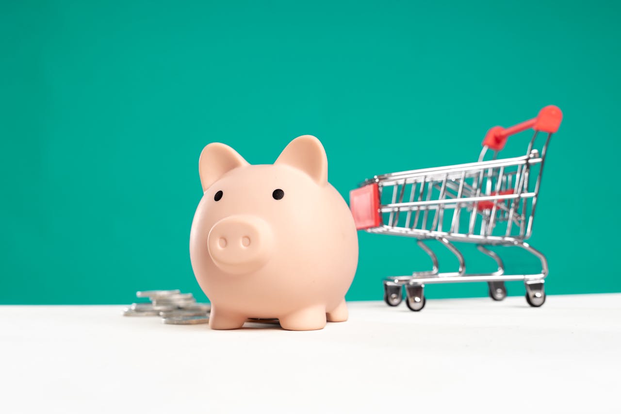 about-img Piggy bank with shopping cart and coins on a white and teal background, symbolizing saving and spending.